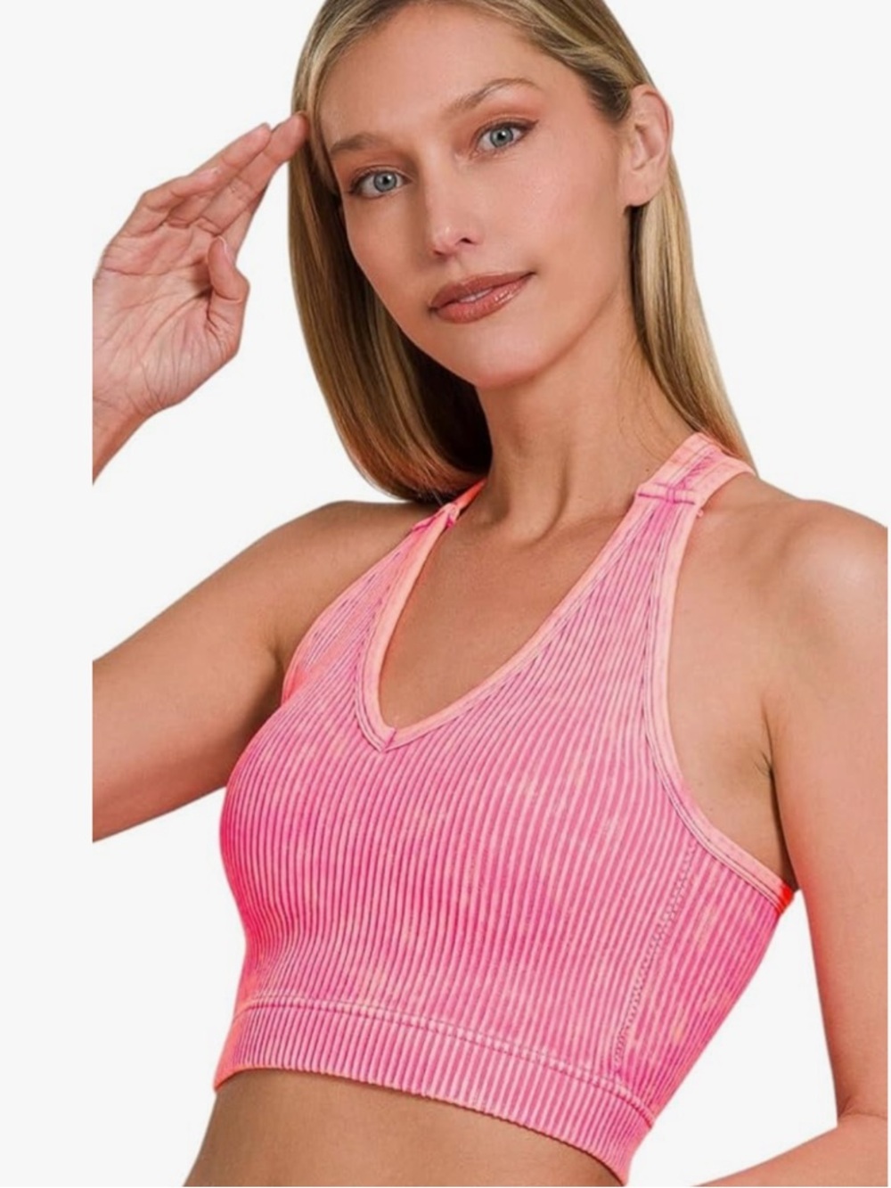 Zenana Trista Washed Ribbed Seamless V-Neck Racerback Padded Bra Neon Pink S/M